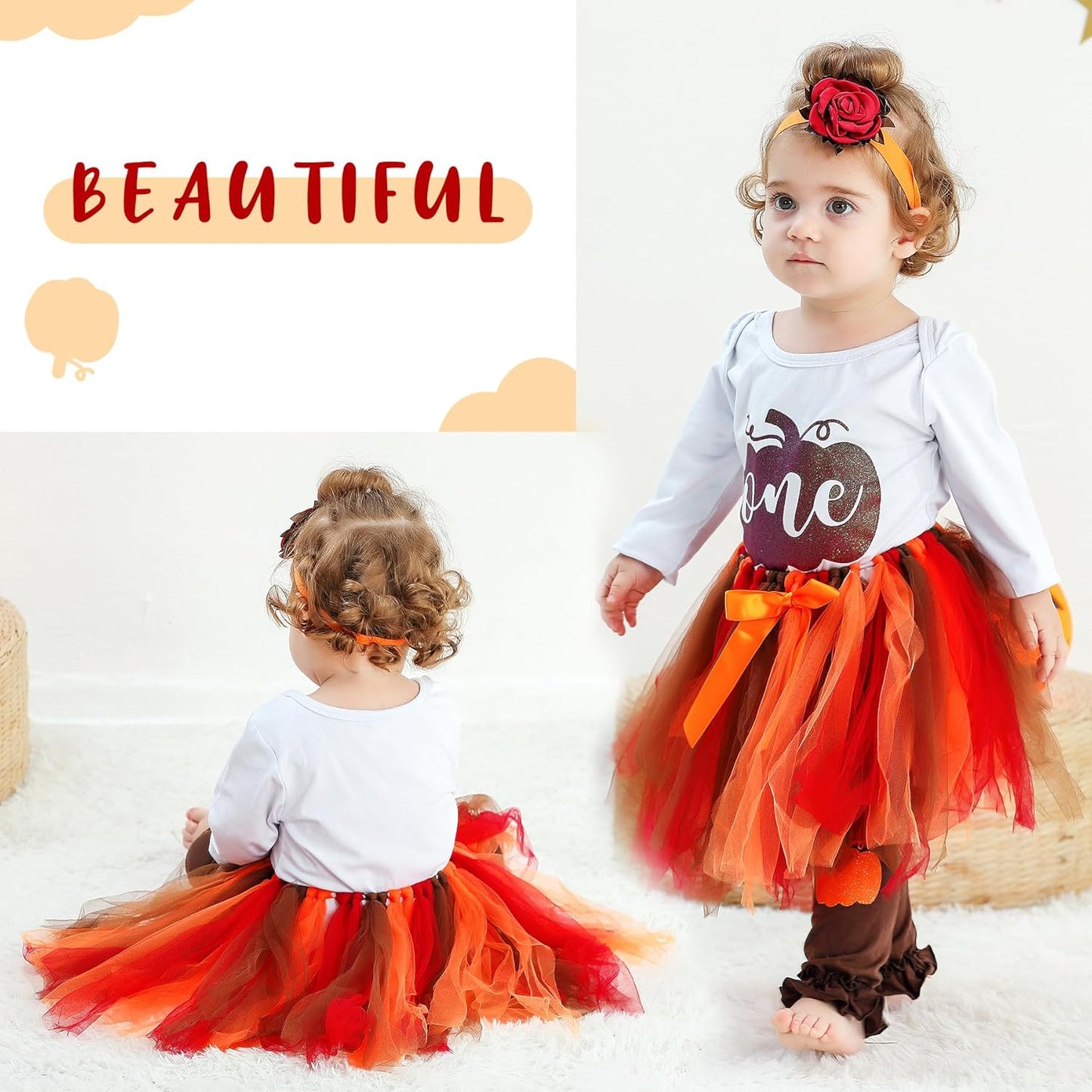 Baby Girl One 1St Birthday Pumpkin Outfits Set Romper Tulle Tutu Skirt Headband Leg Warmers 4Pcs Clothes