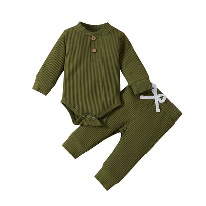 Infant Newborn Baby Girl Boy Spring Autumn Ribbed/Plaid Solid Clothes Sets Long Sleeve Bodysuits + Elastic Pants 2Pcs Outfits